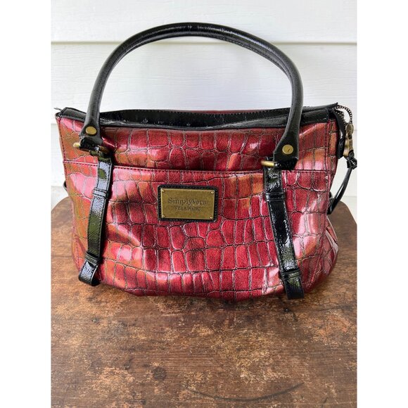 Simply Vera Vera Wang Red Croc Embossed Satchel Handbag With Black Patent Trim & - Picture 1 of 4